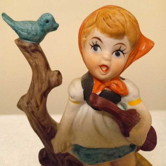Vtg Porcelain Musical Figurine Girl With Bluebird & String Instrument - Picture 2 of 7